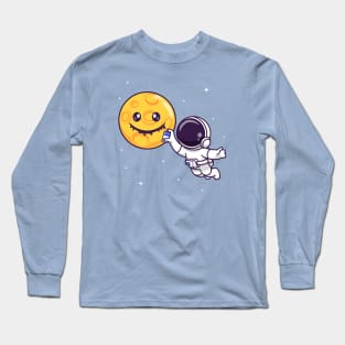 Cute Astronaut Spray Moon With Space Cartoon Long Sleeve T-Shirt